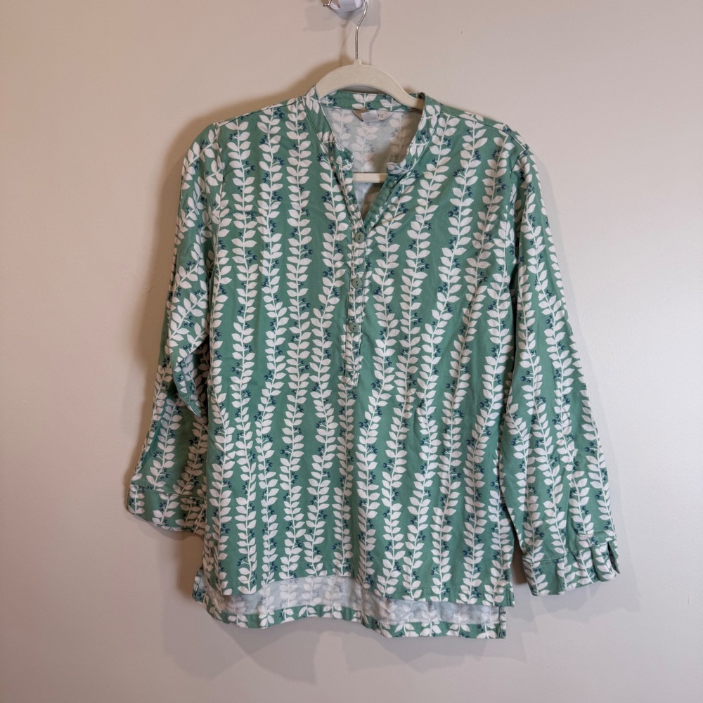 Garnet Hill Organic Cotton Tunic Top Long Sleeve Floral Green Size Small